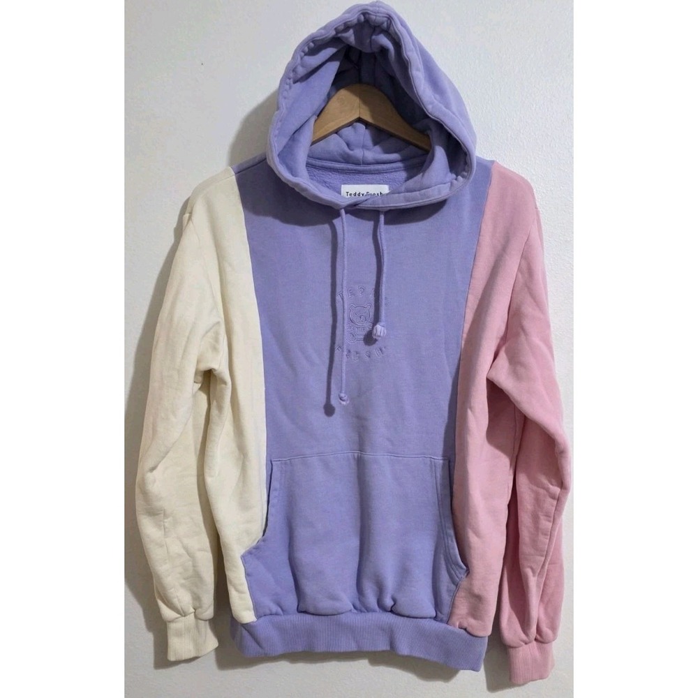 New Teddy Fresh Pastel Colorblock Hoodie Adult Sz S Bear Embroidered Logo 90s